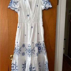 Anthropologie White and Blue Floral Maxi Dress